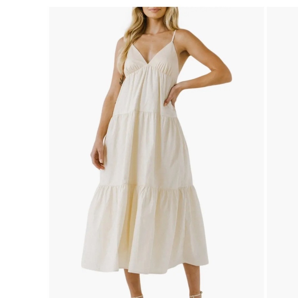 English Factory Womens Babydoll Tiered Maxi Dress Boho Cottage Sz S Cream V-Neck